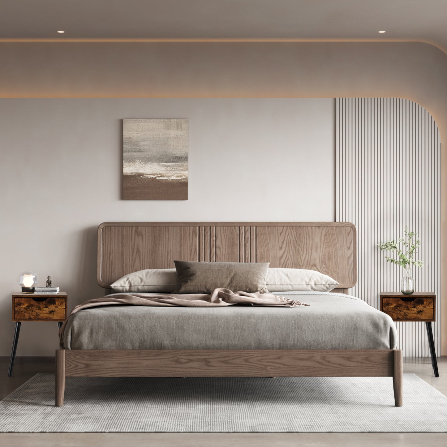 Set Of 2 Mid Century Wood Side Tables W  Storage Drawer For Bedroom,Brown Black