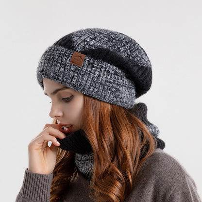 2pcs Knitted Hat Suit With Scarf Winter Two-color Hat And Thick Warm Earflaps Wool Scarf