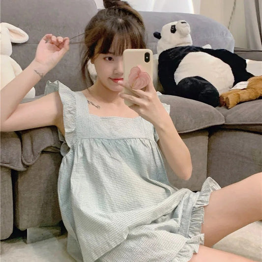 Cute Checked Pajamas Two-piece Set