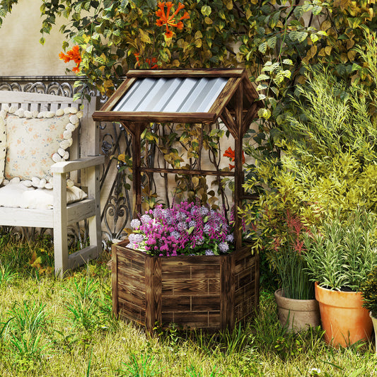 Wooden Wishing Well Planter, Raised Garden Bed with Galvanized Canopy, Hexagon Raised Flower Bed for Garden, Tan