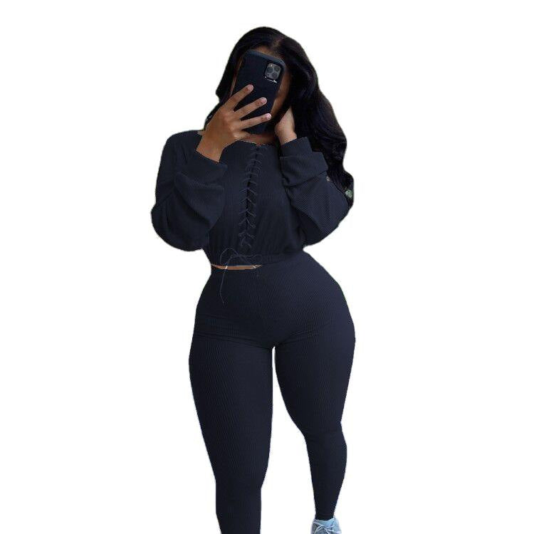 Autumn And Winter Tied Rope Leisure Sports Two-piece Set