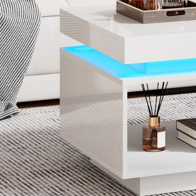 High Glossy LED Coffee Table With Drawer Storage, Wooden Centre Table With RGB Led Lights Rectangle Tea Table For Living Room Furniture, White Coffee Table With Open Display Shelf