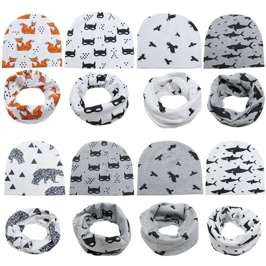 Children's Pullover Hat Animal Print Hat Scarf Two-piece Set