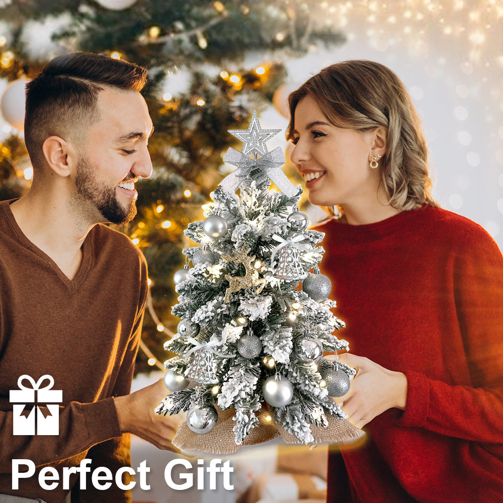 22in Tabletop Artificial Mini Silver Christmas Tree With Light With Flocked Snow