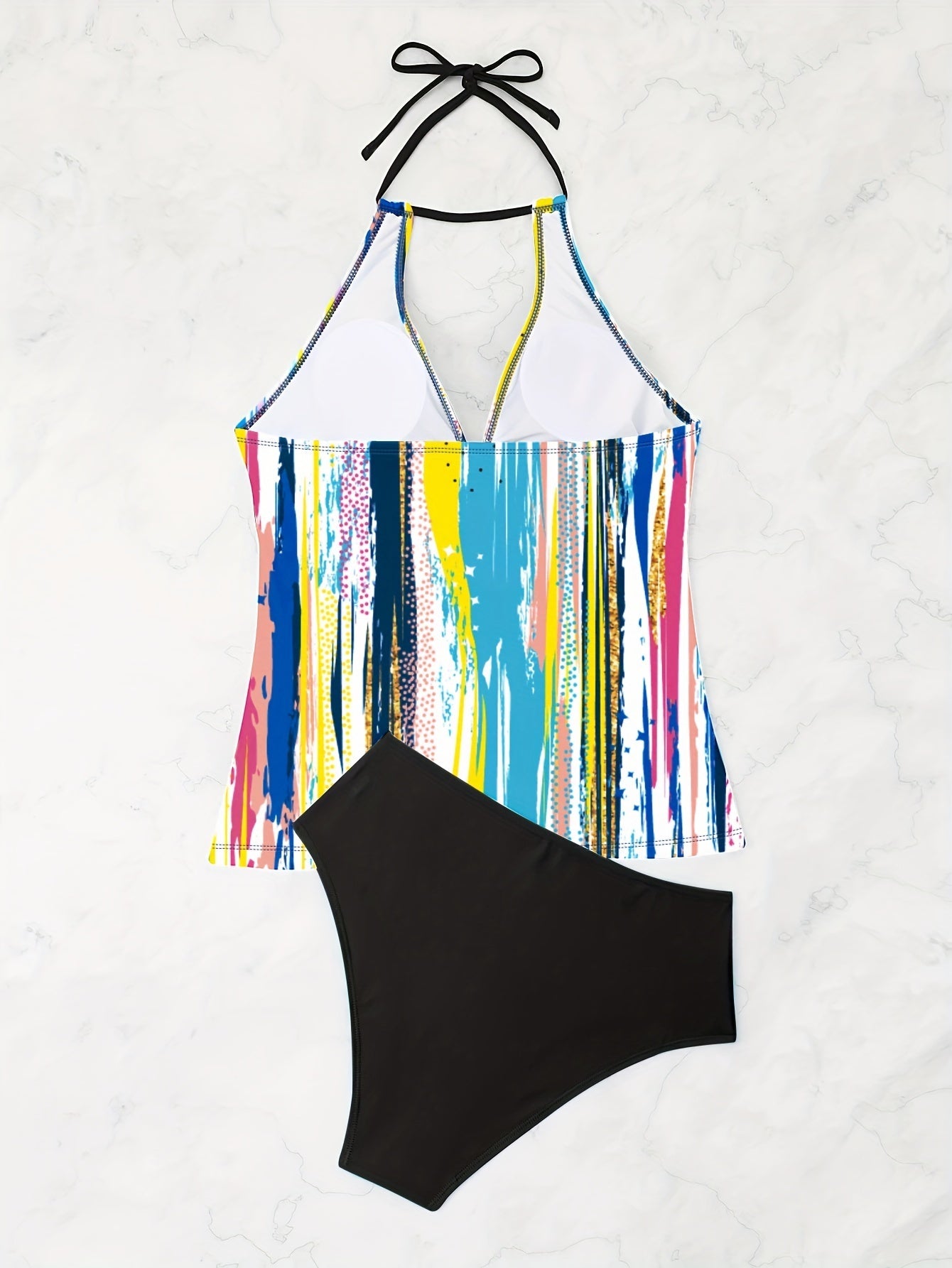 Women's Large-size Bikini Set With Colorful Stripes And A Necktie, Two-piece Set