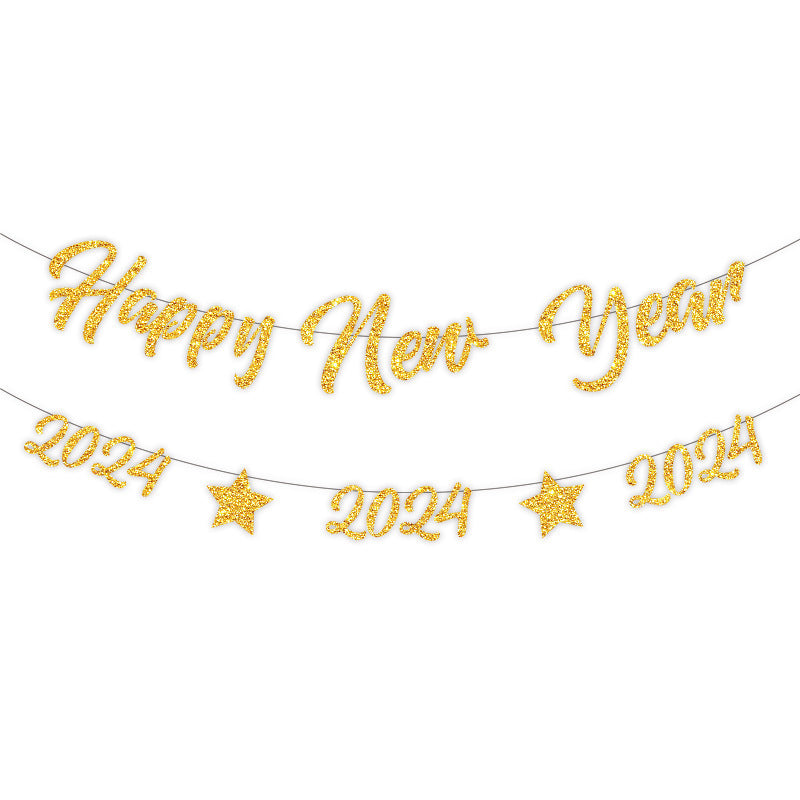 Gold Glitter Happy New Year Letter Hanging Flag Theme Party Banner Decoration