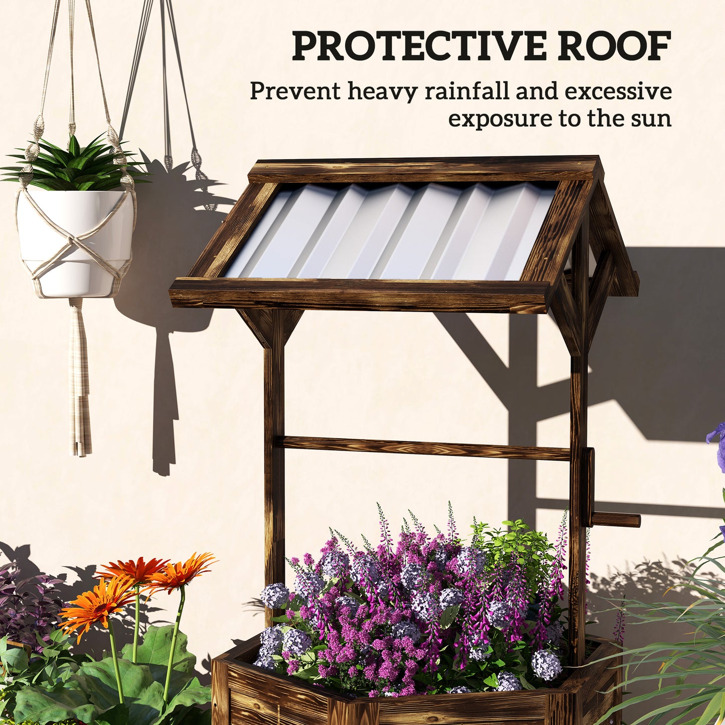 Wooden Wishing Well Planter, Raised Garden Bed with Galvanized Canopy, Hexagon Raised Flower Bed for Garden, Tan