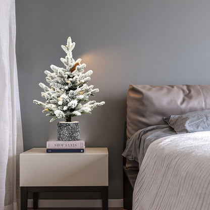 Artificial 2ft Decorated Flocking Basin Tree With 189 PE PVC Mixed Branch Tips, Pine Conex3, 30L Wram White Light, Holiday Decorating