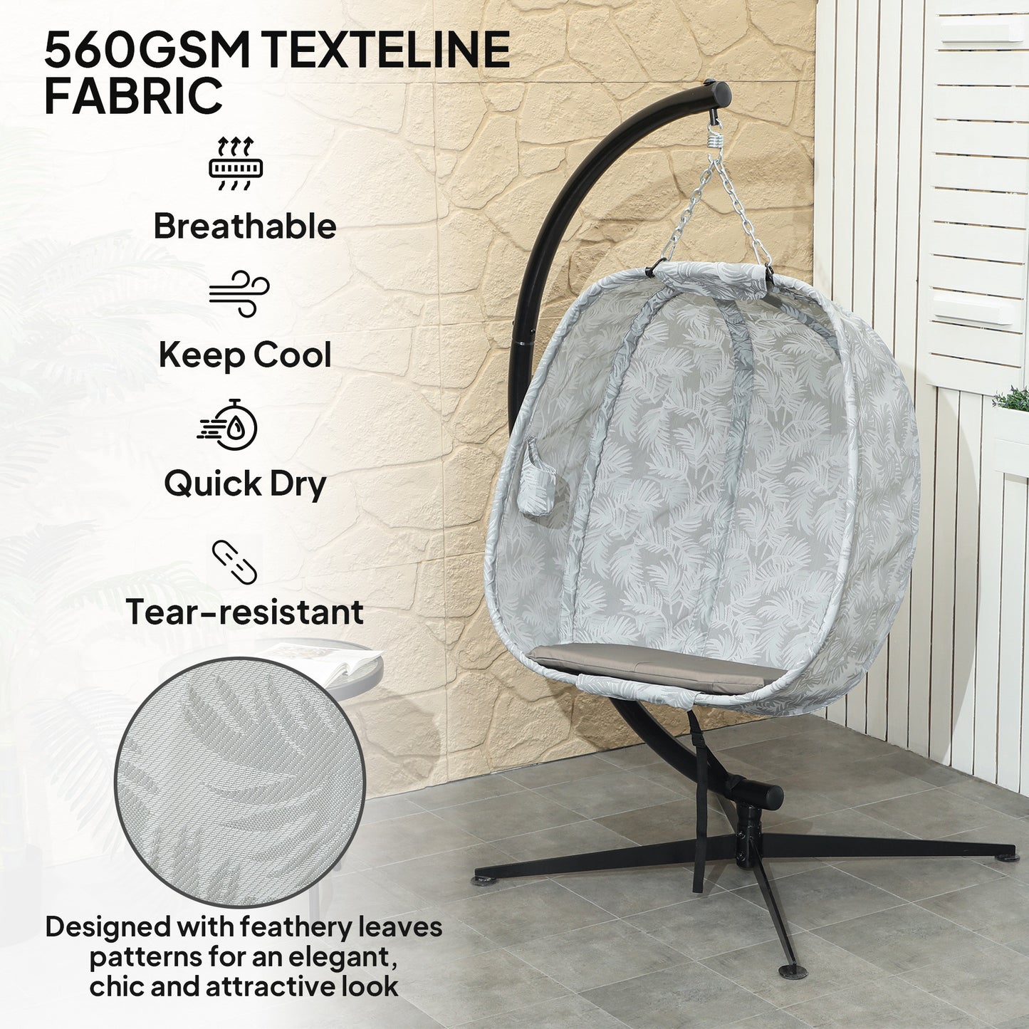 Hanging Egg Chair Outdoor Indoor Garden Swing Chair With Folding Basket, Garden Hanging Chair With Stand, Thickened Cushion, Cup Holder For Patio, Balcony, Sand Brown