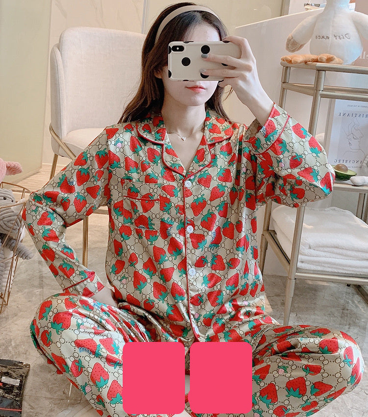 Women's Ice Silk Long Sleeve Trousers Two Piece Pajamas Set