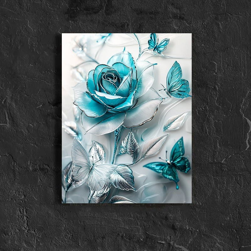 Elegant Turquoise Blue Crystal Rose & Teal Butterflies Canvas Wall Art With Wooden Frame - Classic Decorative Poster For Living Room, Bedroom, Home Office--Selling On Temu Is Prohibited