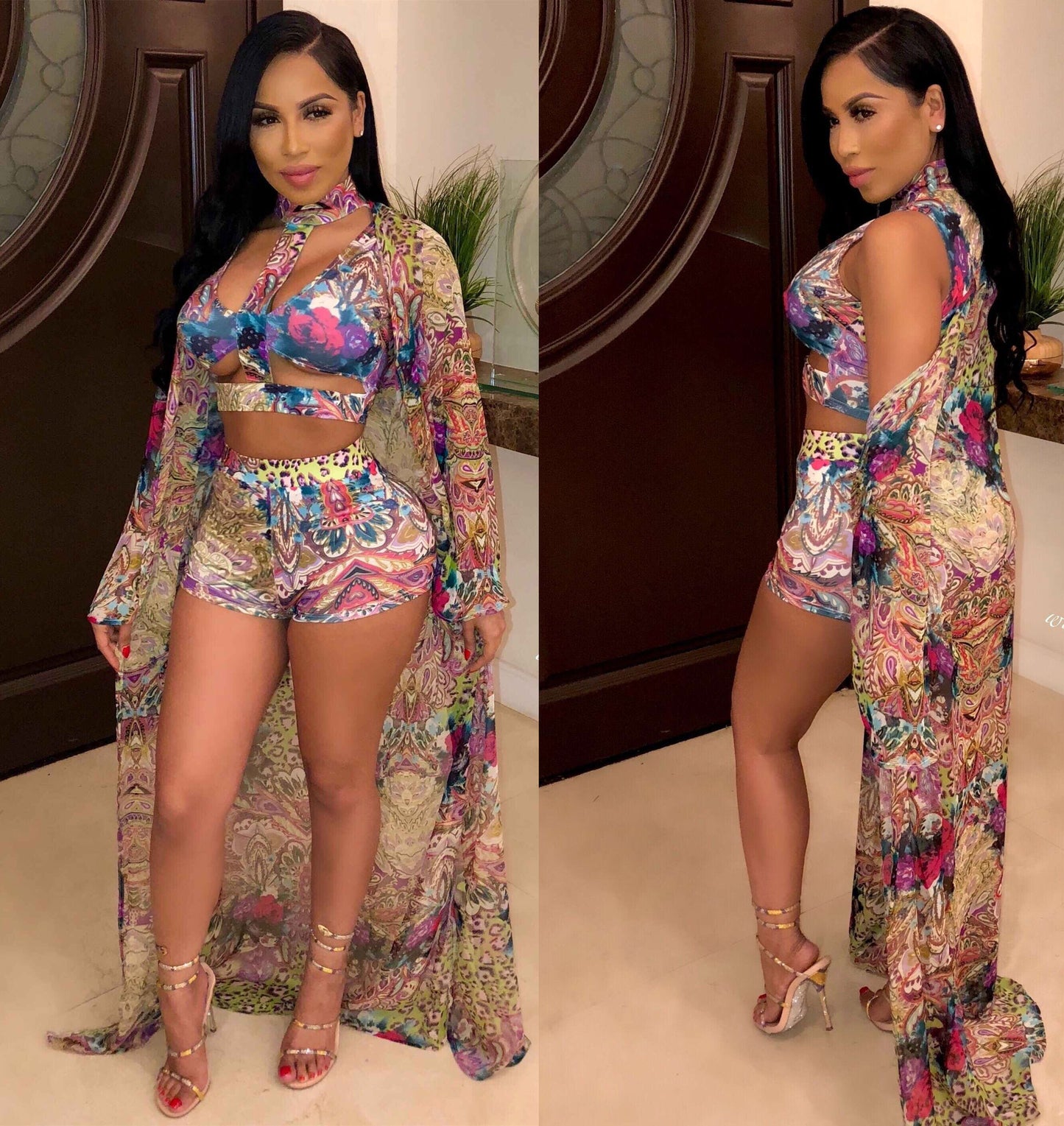 Digital Printing Split Swimsuit Three Piece Set