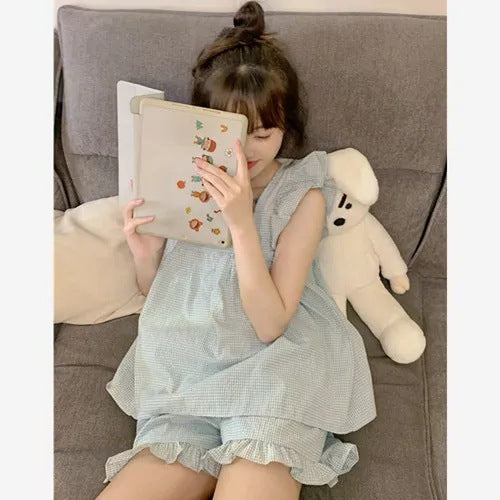 Cute Checked Pajamas Two-piece Set