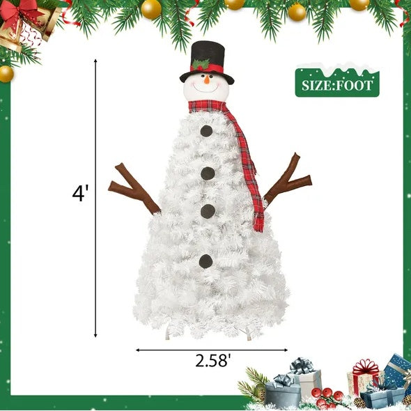 4FT Snowman Shaped Christmas Tree With Pre-Lit LED Lights, Holiday Decoration