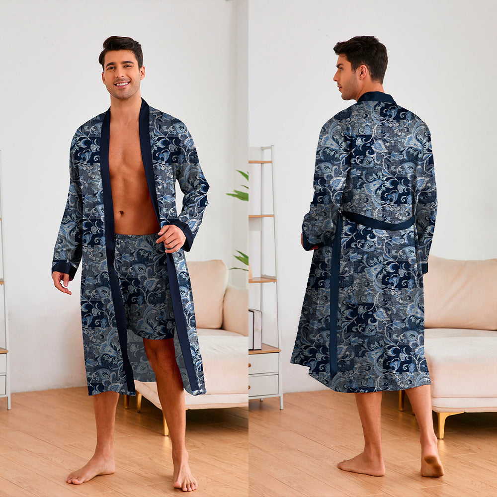 Printing Men's Robes Long Sleeve Shorts Suit