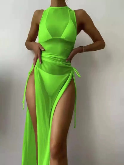 Swimsuit Solid Color Mesh Split Three Piece Set