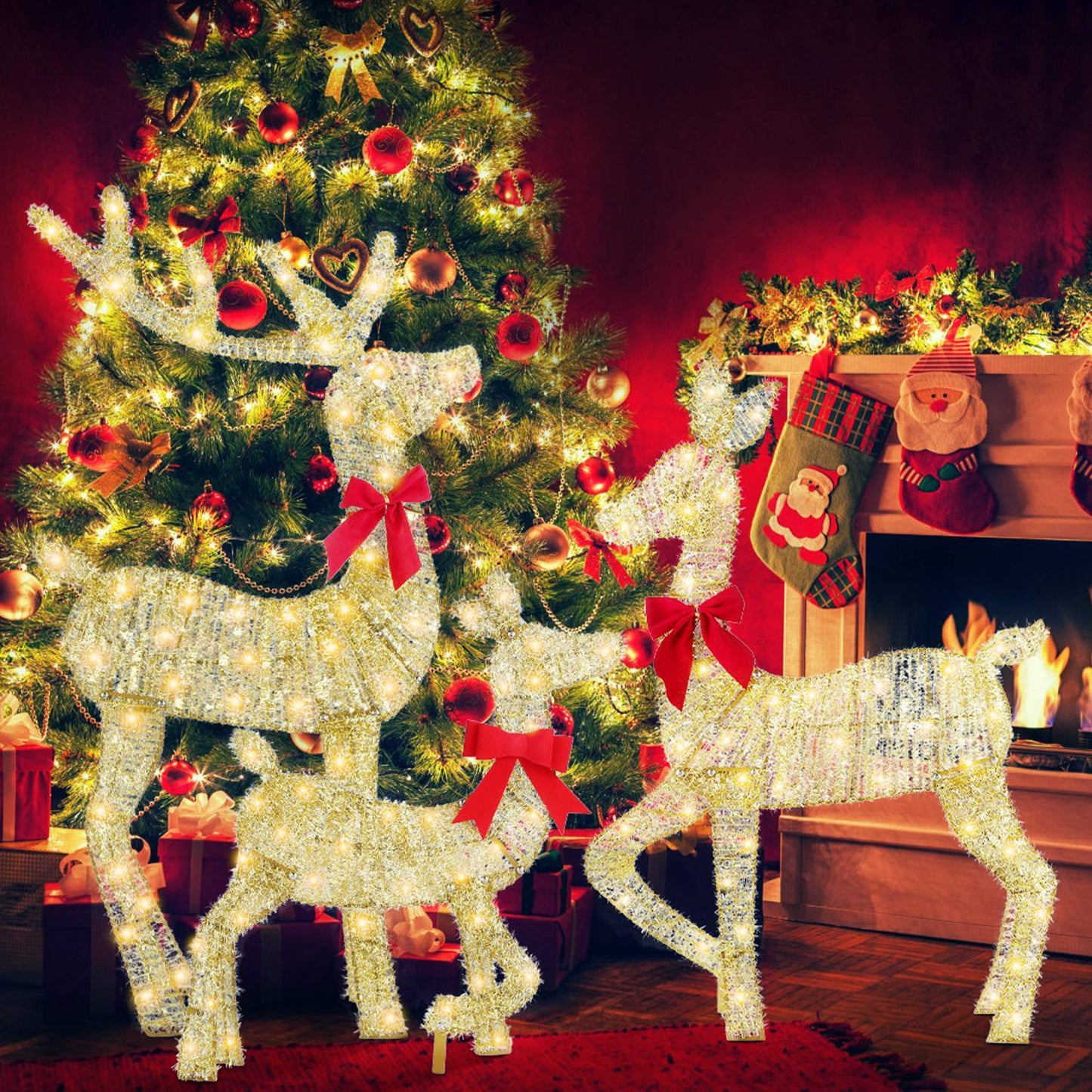 3Pcs In 1 Set 2D Lighted Christmas Deer Family Set Indoor Outdoor Light Up Reindeer Decorations Lighted Buck Doe Fawn Display With 8 Lighting Modes