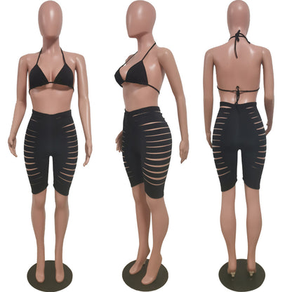 Burnt Flower Hole Swimsuit Vacation Two-piece Set