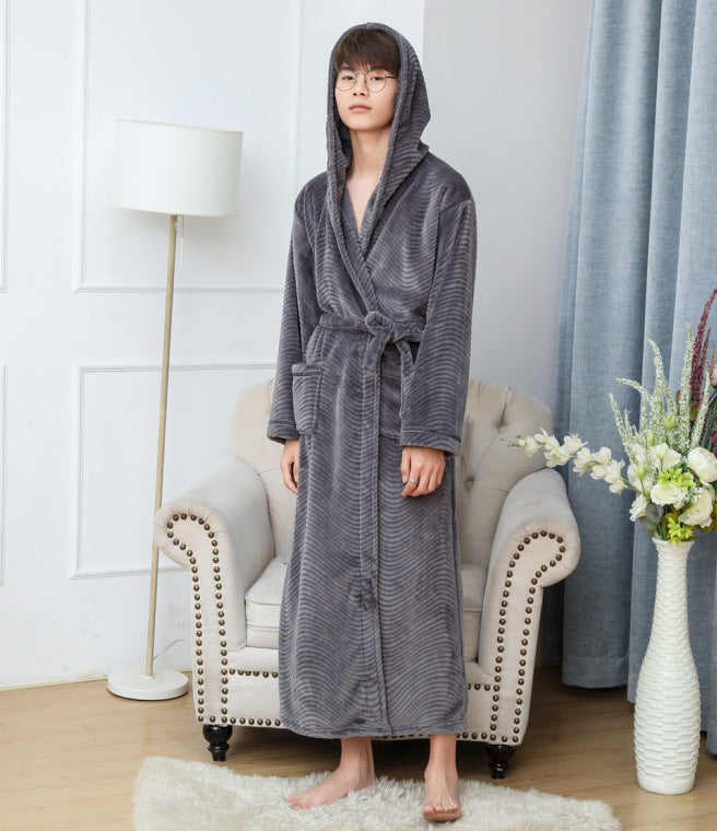 Solid Color Extended Hooded Flannel Bathrobe