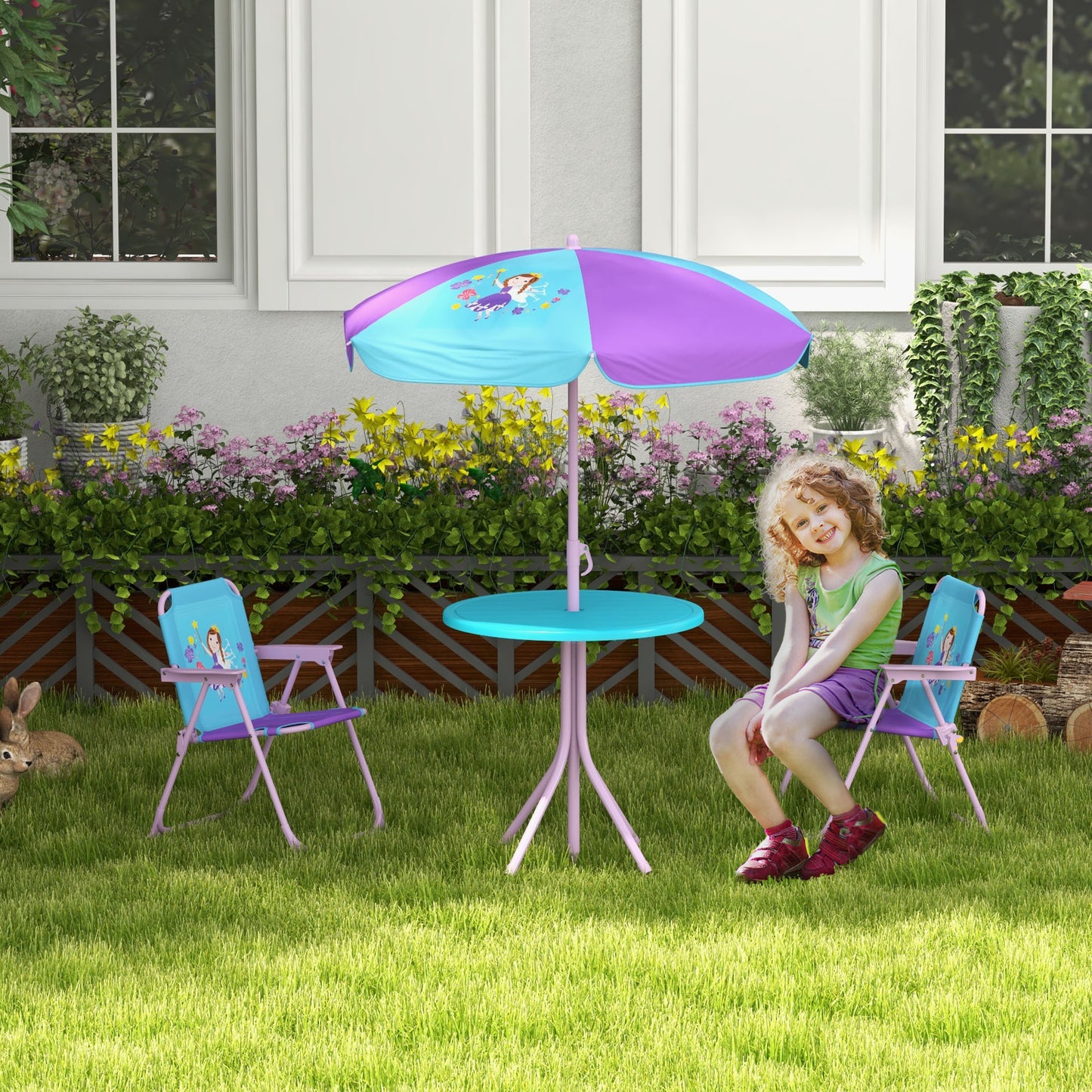 Kids Picnic Table And Chair Set, Fairy Themed Outdoor Garden Furniture W/ Foldable Chairs, Adjustable Parasol