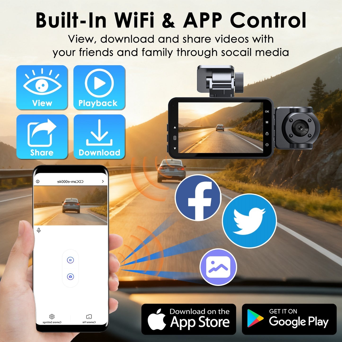 WiFi FHD 1080P 3 Channel Car Dash Cam Front Rear Inside With 32G MMC Card Motion Detection Loop Recording Infrared Night Vision Surveillance Car Camera With App Control