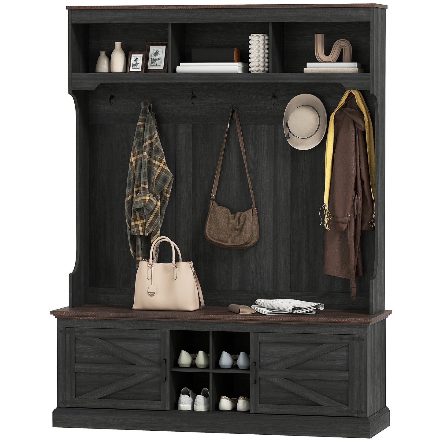 3-in-1 Hall Tree With Shoe Storage, Coat Rack With Bench, Entryway Furniture With Hooks, Black Wood Grain