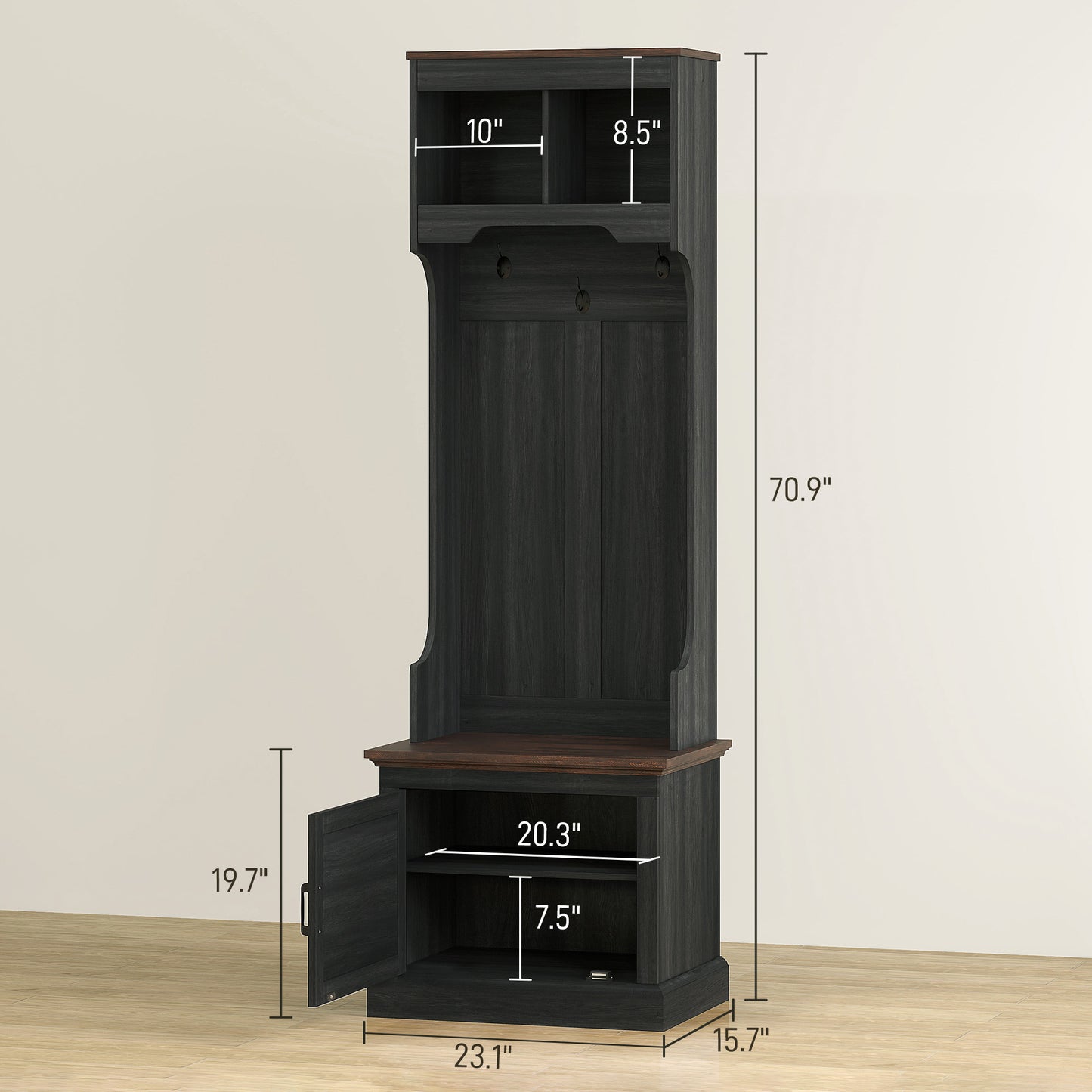 3-in-1 Hall Tree With Shoe Storage, Coat Rack With Bench, Entryway Furniture With Five Hooks, Black Wood Grain