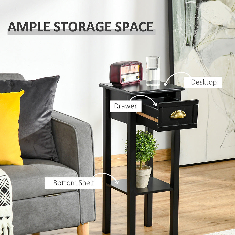 2-Tier Side Table With Drawer Shelf, End Table For Living Room Hallway, Black