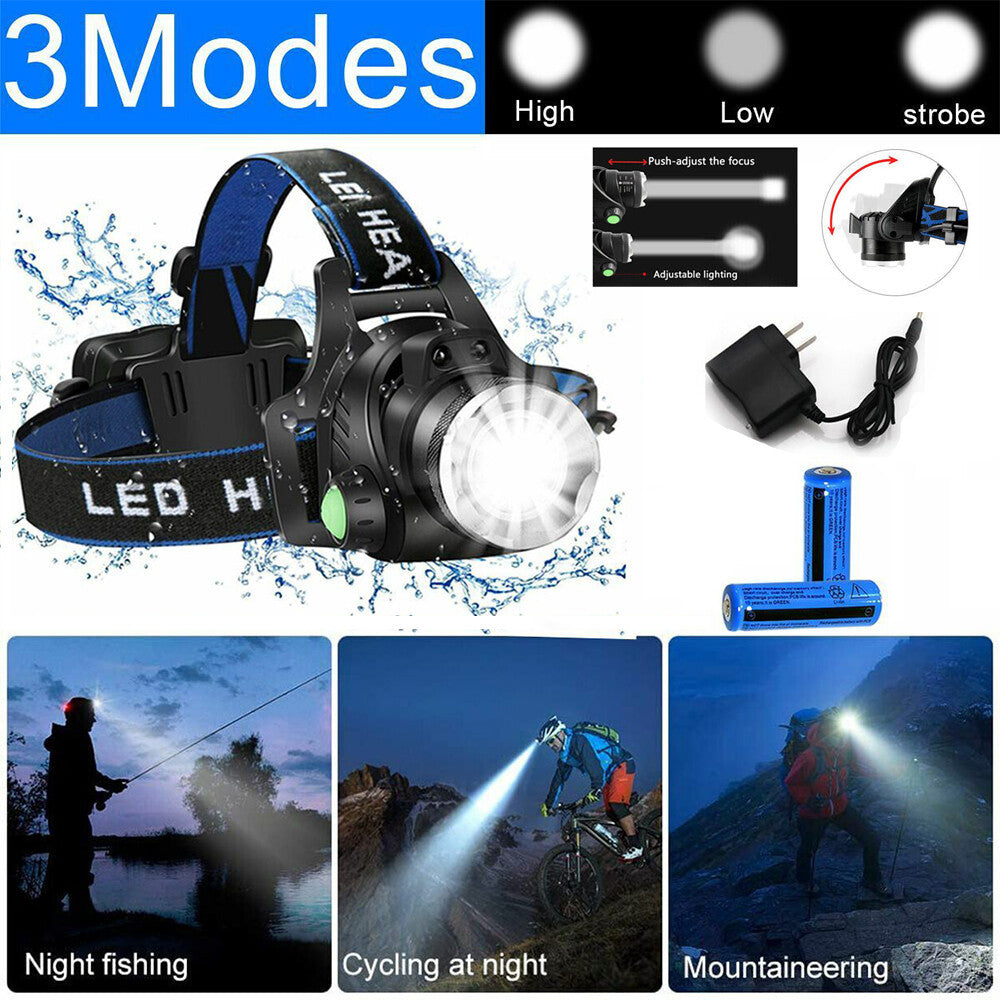 LED Headlamp Rechargeable Head Torch Zoom Headlight Super Bright Flashlight 3 Modes Work Light With 2 Li-ion Batteries Charger