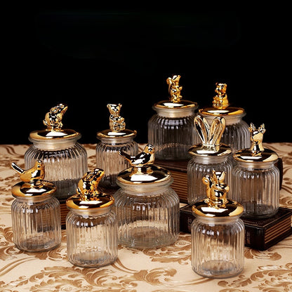 Modern Transparent Glass Sealed Jar Storage With Lid Golden Animal Decoration Candy Bottle Tea Box Kitchen Utensils