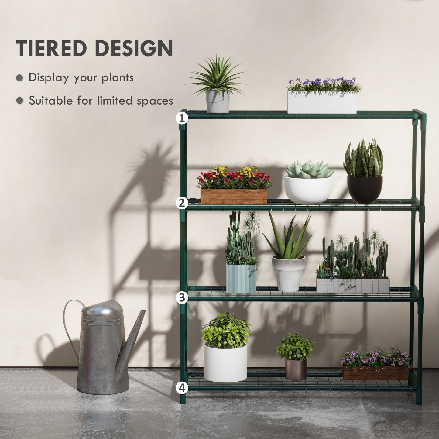 Modern Plant Stand, 4-Tier Planter Holder With Steel Frame, Outdoor Flower Display Rack For Potted Plants Garden Balcony Decor, Dark Green