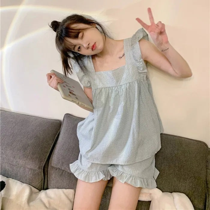 Cute Checked Pajamas Two-piece Set