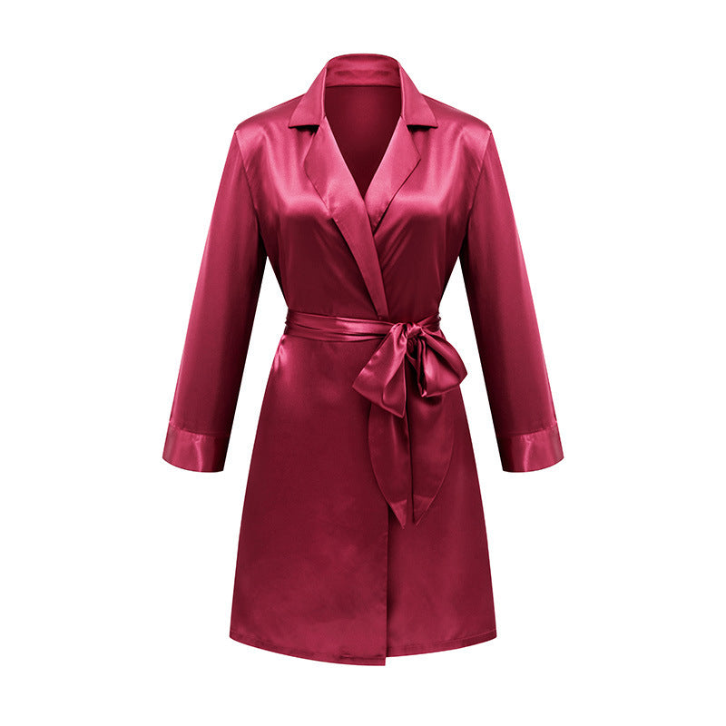 Lace-up Silk Bathrobe French Satin Pajamas